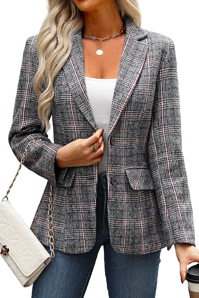 ELLEVEN Women's Lapel Collar Plaid 2 Button Boyfriend Blazer Suit Houndstooth Work Office Blazer ... | Amazon (US)