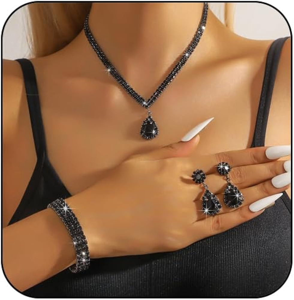 Silver Jewelry Set for Prom,Elegant Prom Jewelry Set Crystal Rhinestone Necklace Earrings Bracele... | Amazon (US)