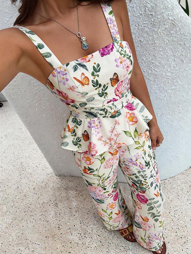 DAZY Conjunto De 2 Piezas De Chaleco Sin Mangas Con Cuello Cuadrado Y Estampado Floral Elegante, Con Cinturón, Y Pantalones De Pierna Ancha Para Mujer, Para Invitada De Boda, Estilo Bohemio, Para Verano Y Primavera | SHEIN