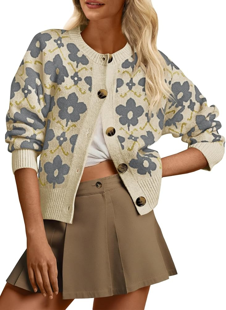 Saodimallsu Womens Floral Cardigan Sweaters Long Sleeve Open Front Button Down Knit Retro Sweater... | Amazon (US)
