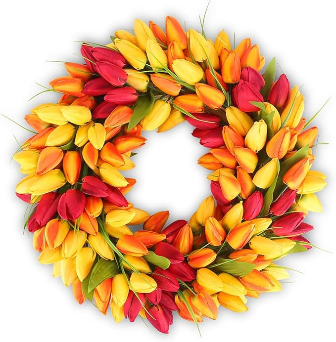 HANTAJANSS Artificial Tulip Flower Wreaths for Front Door 20 Inches, Silk Fake Flower Mini Tulip ... | Amazon (US)