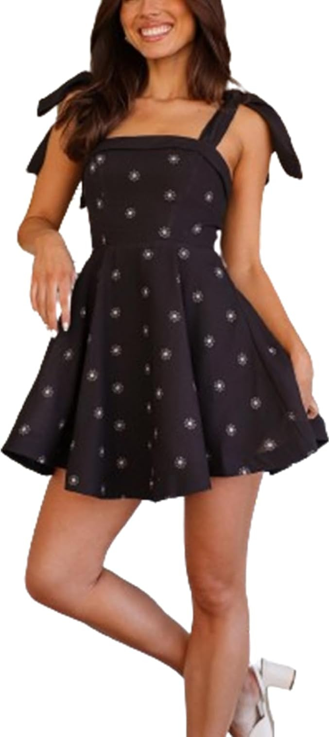 Women Tie Shoulder Mini Dress Floral Ruffle Babydoll Dress Boho Square Neck Sundress Cute Summer ... | Amazon (US)