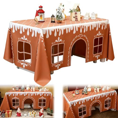 Gingerbread House Christmas Tablecloth, Holiday Painting Table Cover, Festive Winter Pattern Cloth for Party Dining Room Kitchen Decor, Interactive Playhouse with Playful Cut-Out Windows(47"x59" (S)) | Amazon (US)