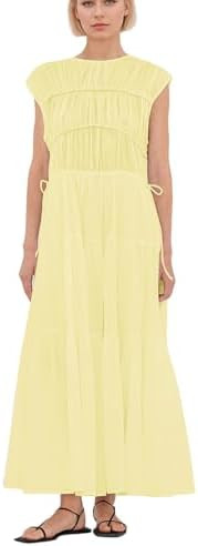 calbatic Women Pleated Ruched Tiered Maxi Dress Sleeveless Patchwork Ruffle Hem A Line Elegant Su... | Amazon (US)