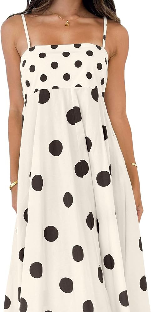 chouyatou Women's Elegant Polka Dot Maxi Dress Back Smocked Spaghetti Strap Ruffle Swing Long Dre... | Amazon (US)