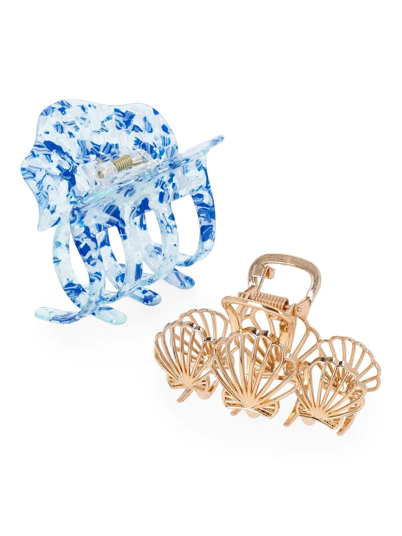 Time and Tru Women's Mixed Metal and Acrylic Claw Clip Set, 2-Piece | Walmart (US)