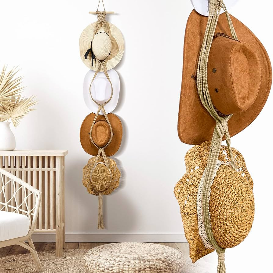 Yulejo Macrame Hat Hangers Boho Hat Rack Cowboy Hat Hanger Back of Door Hat Organizer (Beige,Four... | Amazon (US)