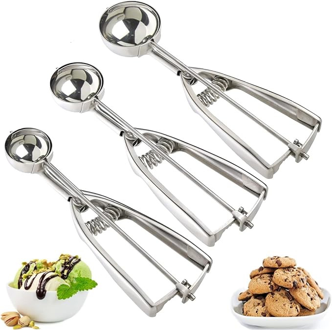 Ice Cream Scoop, 3Pcs Cookie Scoop Set, 18/8 Stainless Steel Cookie Dough Scoop, Cookie Scoops fo... | Amazon (US)