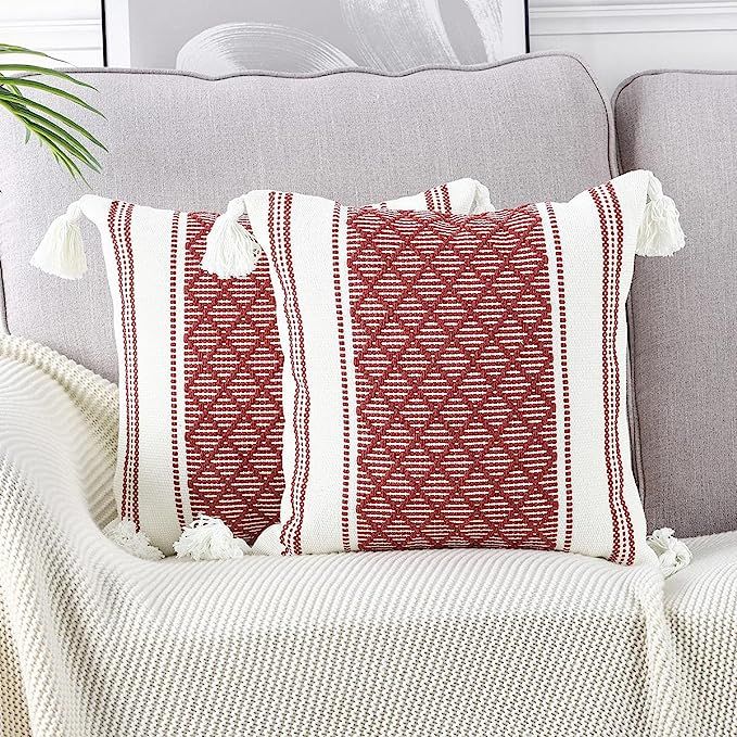 Neelvin Pack of 2 Boho Knitted Woven Decorative Throw Pillow Covers with Tassel Pillowcase Cushio... | Amazon (US)