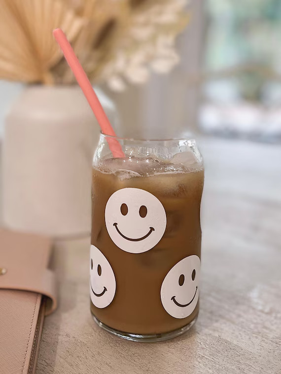 Smiley Face Glass Can | Iced Coffee Cup | Soda Glass | Happy Face | Etsy (US)