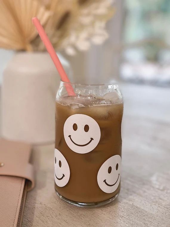 Smiley Face Glass Can | Iced Coffee Cup | Soda Glass | Happy Face | Etsy (US)