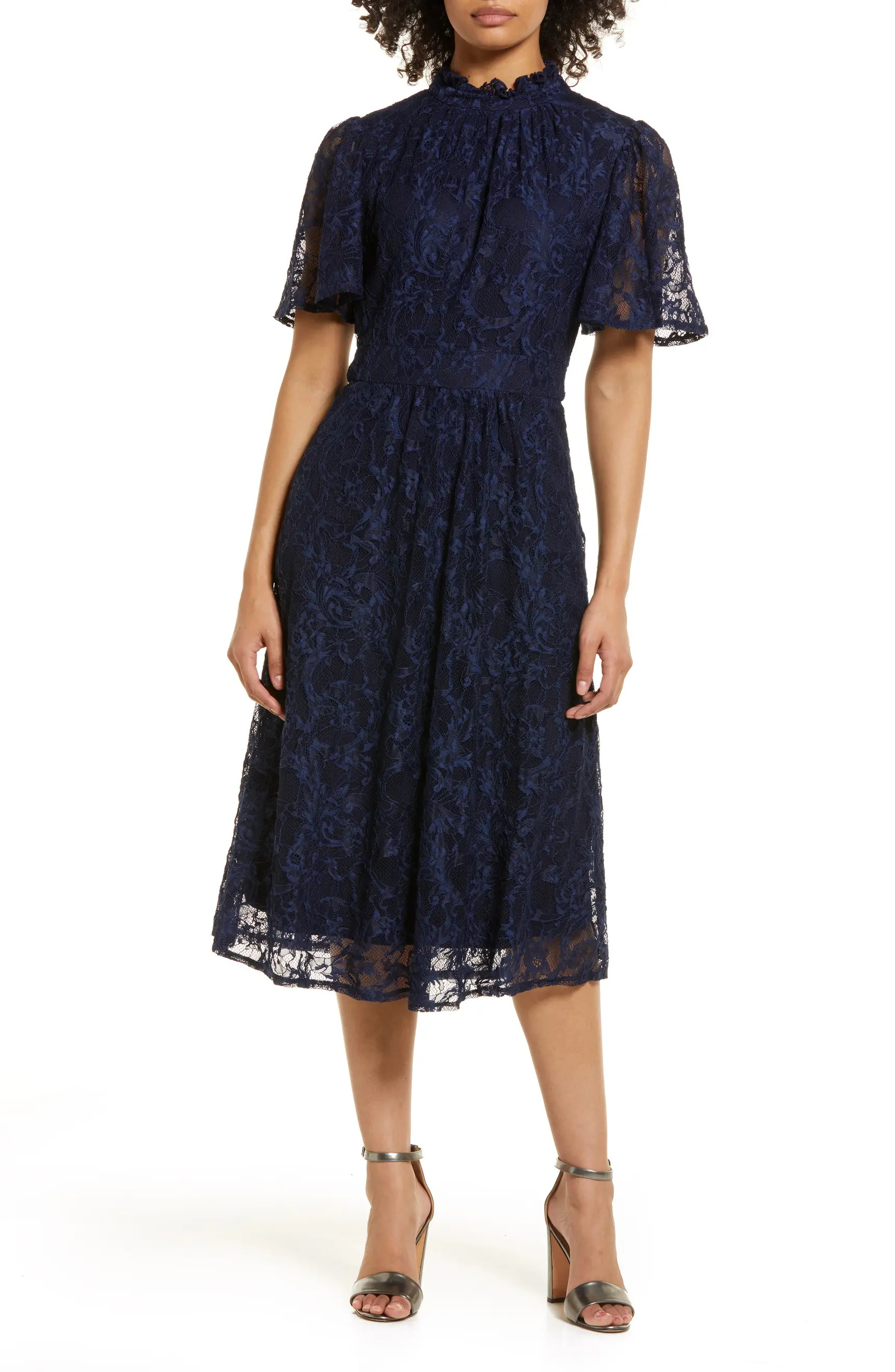 Flutter Sleeve Lace Mock Neck Midi Dress | Nordstrom