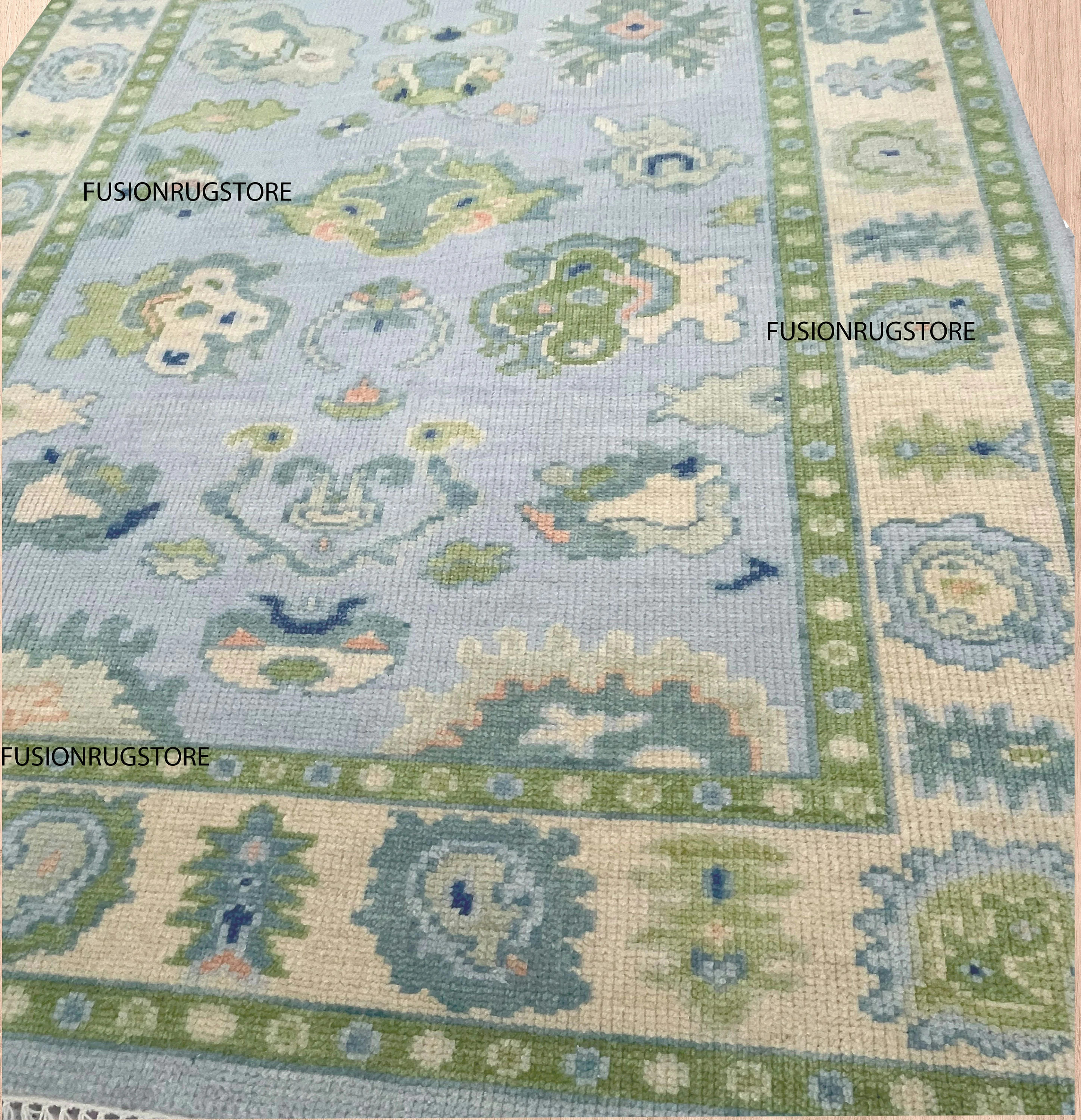 9'X12' Blue And Green Rug, Oushak Rug With Ivory, Olive Green & Light Pink Motifs: Modern Coastal Comfort Area Rug | Etsy (Global)