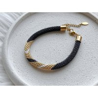 Black Seed Bead Bracelet Adjustable Gold Beaded Sparkle Rope Unique Handmade Bangle Birthday Gift For Daughter | Etsy (US)