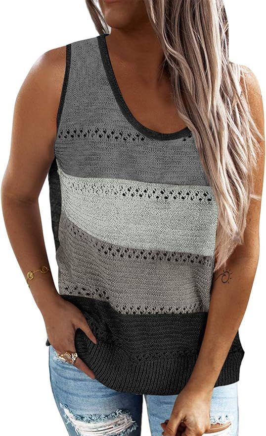 Asvivid Women's Summer Crewneck Knit Tank Tops Color Block Loose Sleeveless Blouse Shirts Tops | Amazon (US)