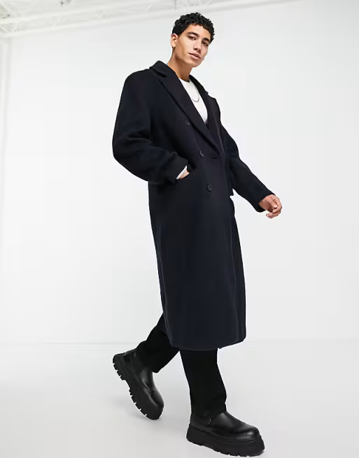 ASOS DESIGN extreme oversized longline wool mix textured coat in navy | ASOS (Global)