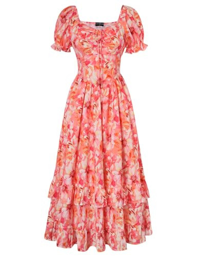 Women Floral Maxi Dress Puff Sleeve Tea Party Corset Dress Pink Peach S | Amazon (US)