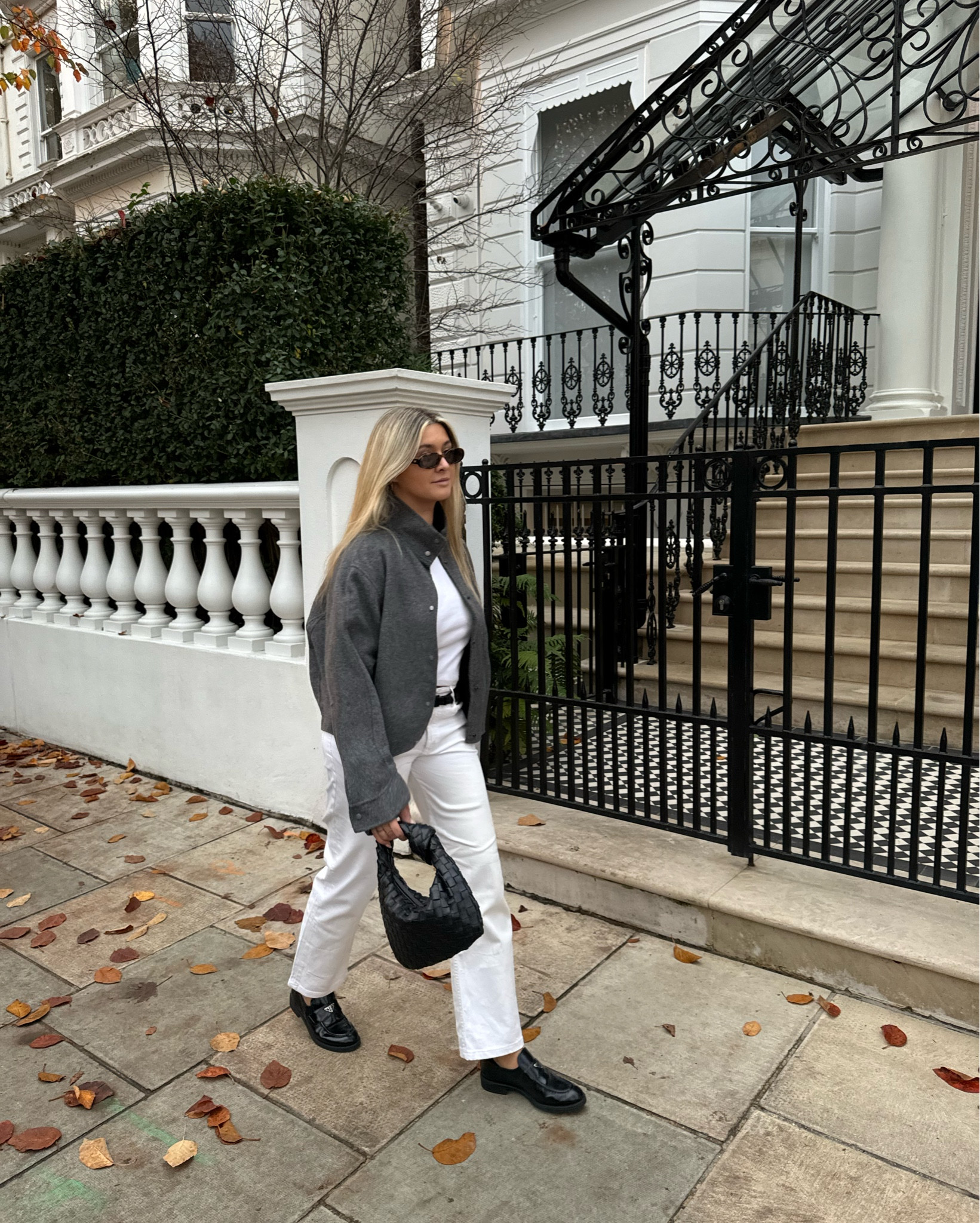 White jeans
Grey wool jacket
Prada loafers 

#LTKautumn #LTKeurope #LTKover50style