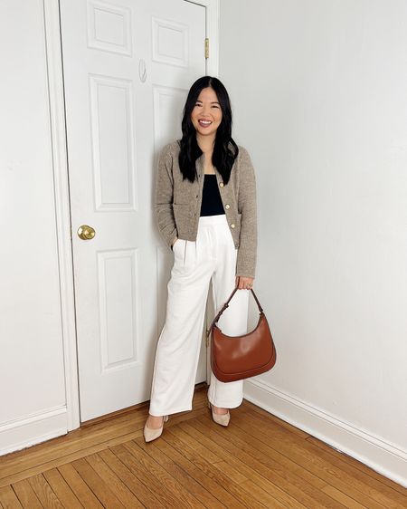 Beige cardigan (XS)
Black tank top  (XS)
White pants  (28P)
Brown bag 
Brown Crescent bag 
Beige suede pumps 
Beige pumps 
Abercrombie outfit 
Neutral outfit 
Spring outfit 
Business casual outfit 
Smart casual outfit 
Teacher outfit

#LTKSeasonal #LTKfindsunder100 #LTKworkwear