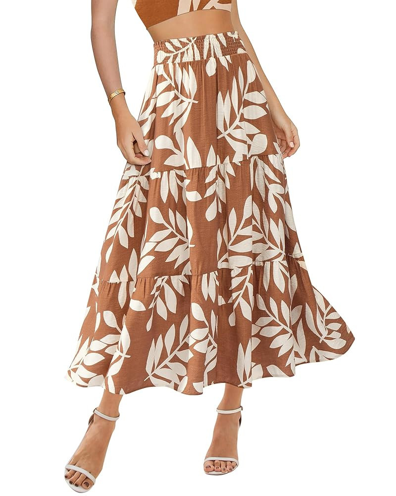 BTFBM Women's Floral Print Midi Maxi Skirts 2025 Summer Casual Aline Elastic High Waist Pleated F... | Amazon (US)