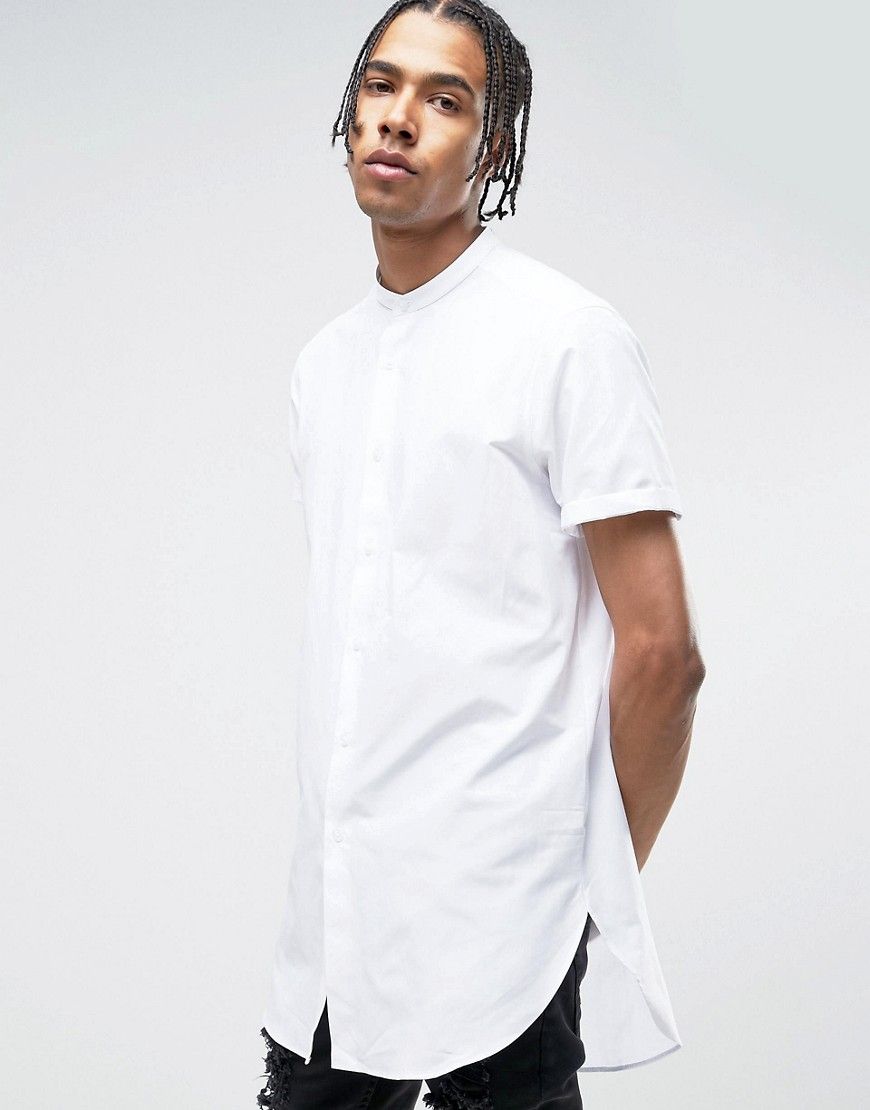 ASOS Regular Fit Super Longline Shirt with Grandad Collar in White - White | ASOS US