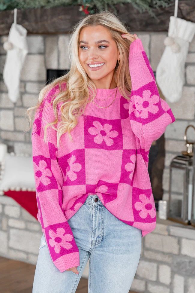 Found A New Way Pink And Berry Checkered Flower Sweater DOORBUSTER | Pink Lily