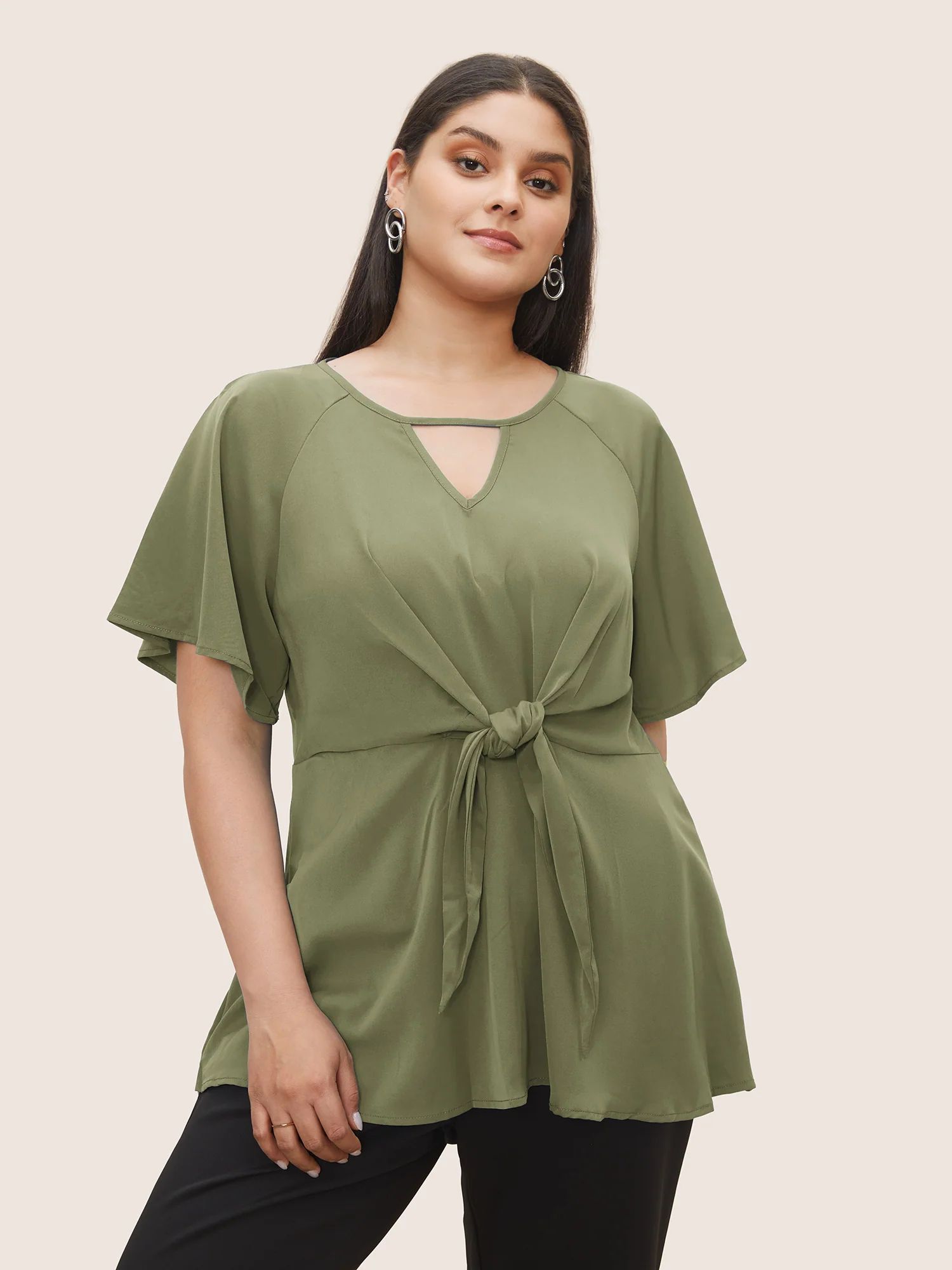 Plain Keyhole Knotted Front Ruffle Sleeve Blouse | Bloomchic