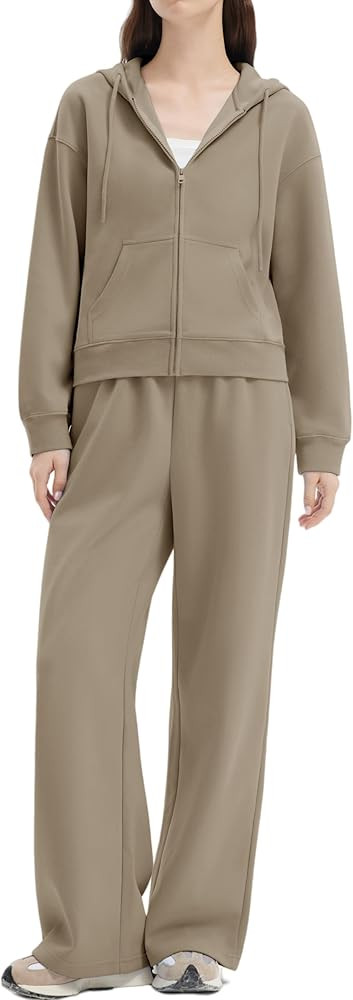 SUUKSESS Womens 2 Piece Sweatsuits Outfits Zip Up Hoodie Tracksuit Straight Wide Leg Sweatpant Lo... | Amazon (US)