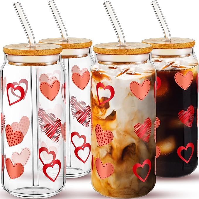 Suclain 4 Pcs Valentine's Day Glass Cups with Bamboo Lids and Straws Beer Can Drinking Glasses Se... | Amazon (US)
