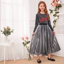Girls Letter Graphic Glitter Top and Metallic Pleated Skirt Set | SHEIN