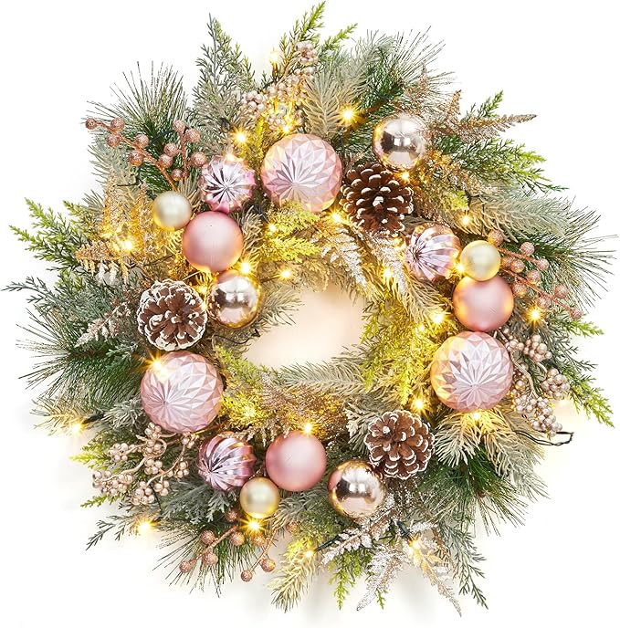 Adeeing 22 Inch Christmas Wreath with Lights, Pre-lit Pink Christmas Wreaths with 30 LED Lights B... | Amazon (US)