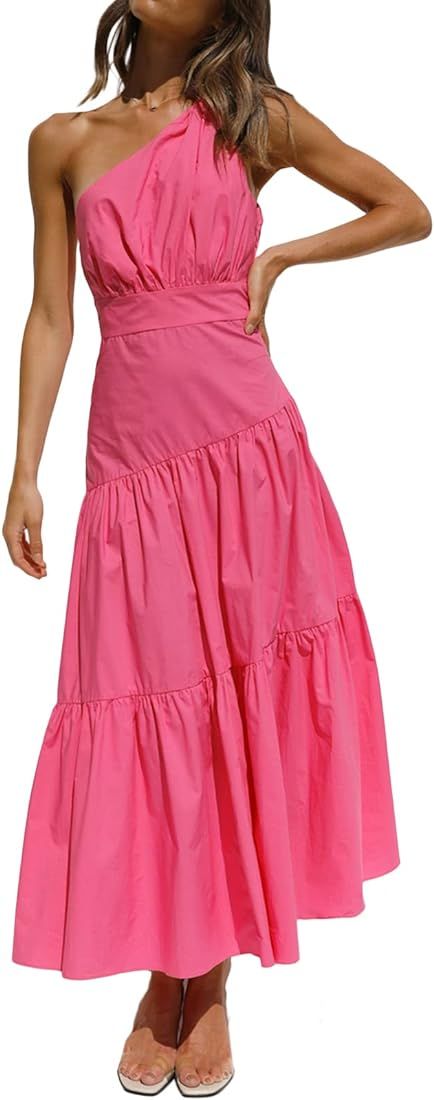 Women 's Boho One Shoulder Dress Summer Sleeveless Smocked Flowy Swing Maxi Midi Dresses Sundress Be | Amazon (US)