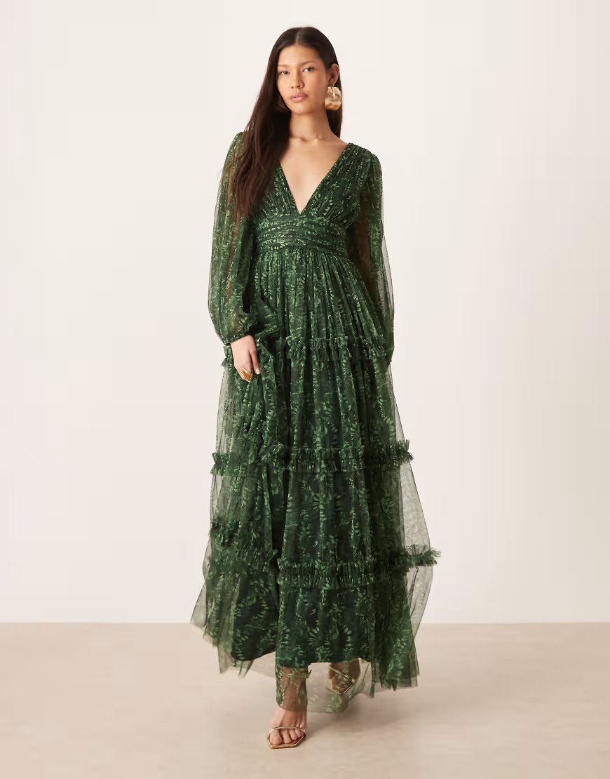 Lace & Beads deep v-neck sheer bell sleeves maxi dress in green floral | ASOS (Global)