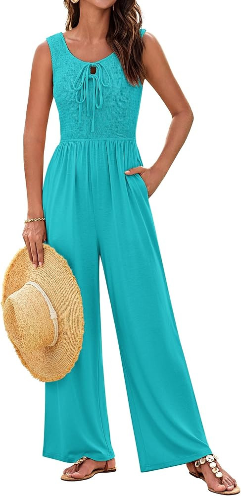 GRACE KARIN Jumpsuits for Women Bow Tie Front Overalls Smocked Tops Wide Legs Casual Knitted Outf... | Amazon (US)