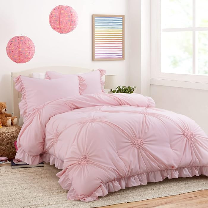 HOMBYS Pink Bedding Comforter Set for Girls, 3 Piece Blush Pinch Pleat Comforter Set with Ruffles... | Amazon (US)
