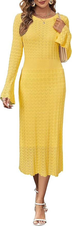 Newshows Women Winter Sweater Dresses 2025 Church Midi Long Sleeve Hollow Knit Modest Business Ca... | Amazon (US)