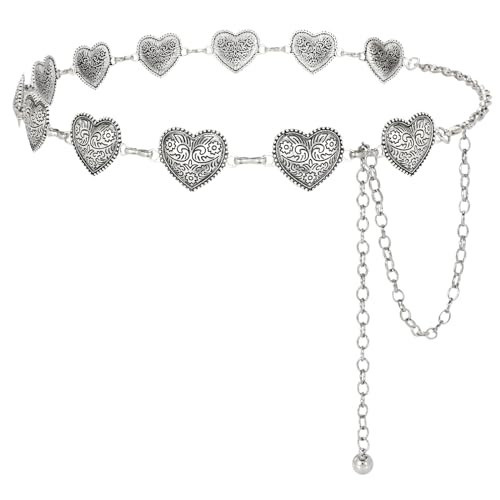 SANSTHS Women Concho Chain Belt Western Cowgirl Turquoise Metal Chain Belt for Dress,silver heart，M | Amazon (US)