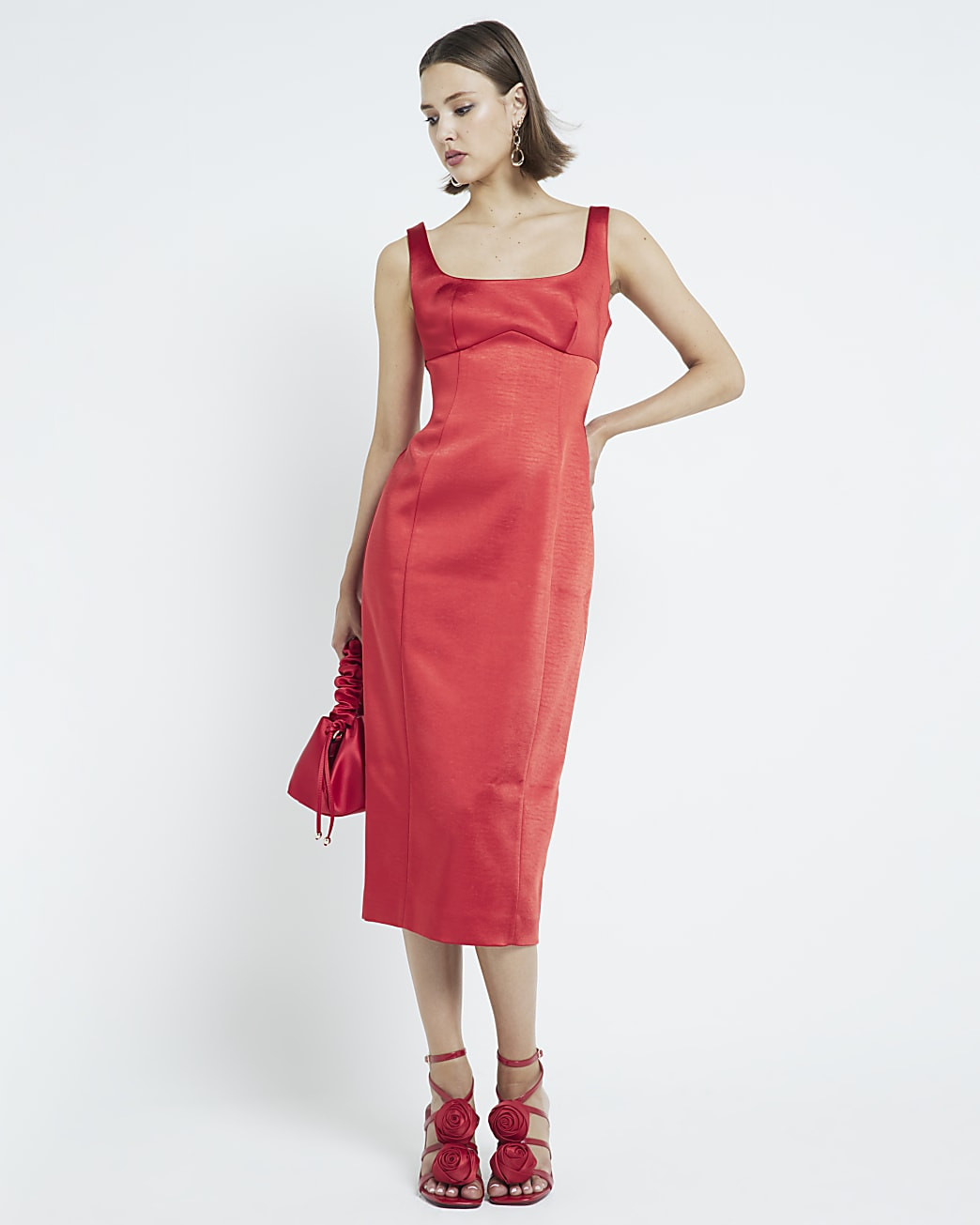 Red Satin Tailored Midi Dress | River Island UK & IE