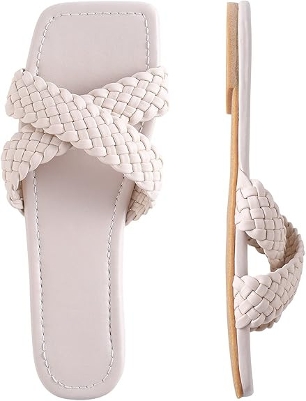 depdream Women's Open Square Toe Flat Sandals Slip On Slipper Casual Shoes | Amazon (US)