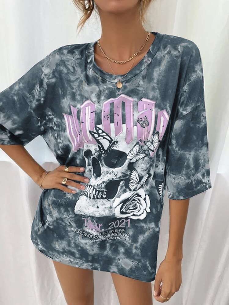 Skeleton And Letter Graphic Tie Dye Oversized Tee | SHEIN