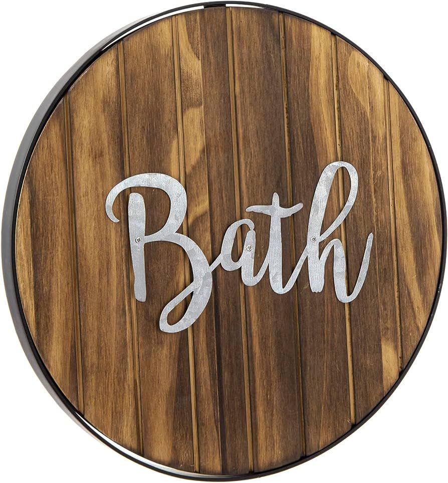MyGift Rustic Round Decorative Hanging Bath Sign, Farmhouse Solid Wood and Galvanized Cursive Let... | Amazon (US)