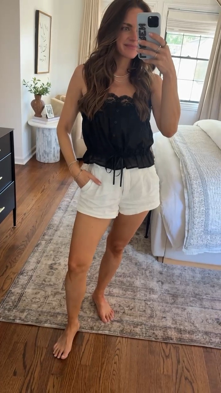 This top is finally back in stock in a few colors. I got these shorts in. A few fabrics/colors/lengths & love them. Size up! I’m in a size 4.