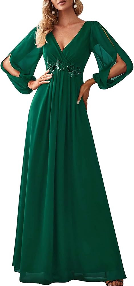 Ever-Pretty Women's V Neck Long Lantern Sleeves Floor Length Ruched Chiffon A-Line Formal Evening... | Amazon (US)