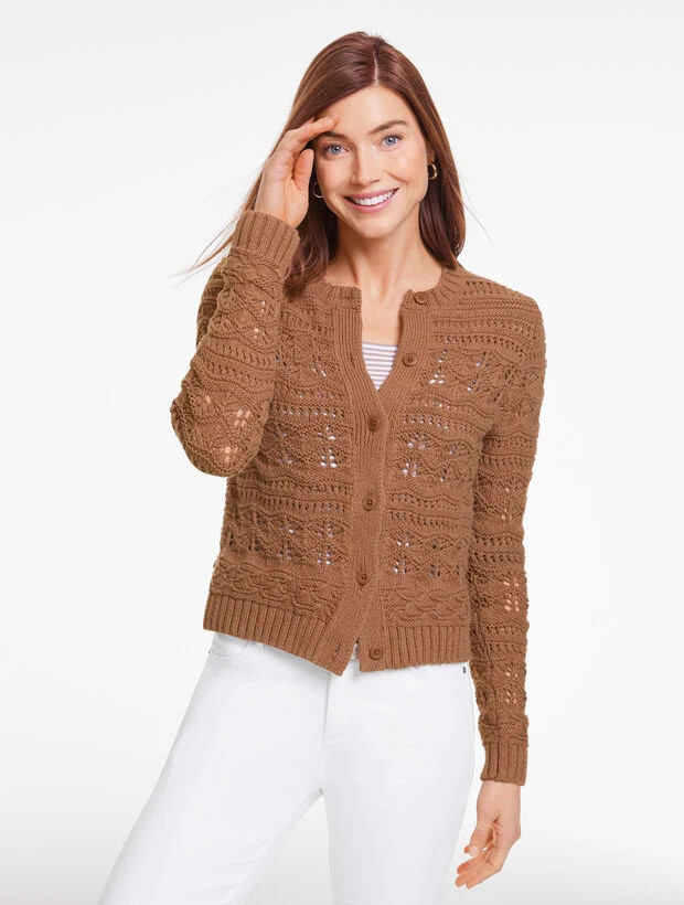 Open Stitch Crewneck Cardigan | Talbots