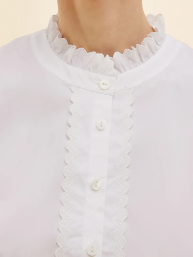 Ruffle Collar Embroidered Placket Women Shirt | GOELIA