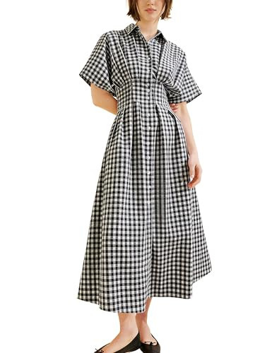 Yeokou Women Plaid Shirt Dress Short Sleeve Button Down Pleated Gingham A Line Maxi Dresses Casua... | Amazon (US)