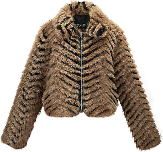 GRAN ORIENTE Women Faux Fur Leopard Print Cropped Jacket,Fleece Fluffy Leather Lined Zip Up Coat | Amazon (US)