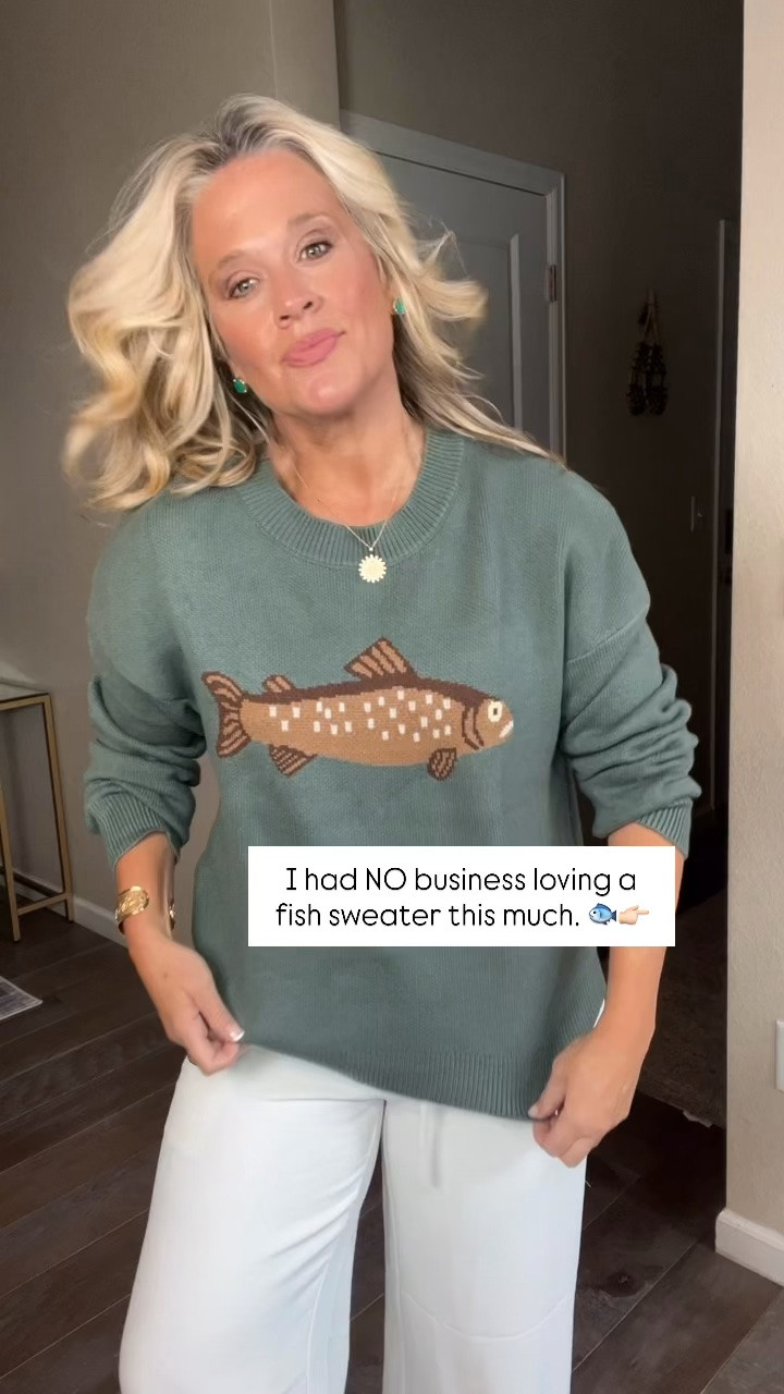 ✨Tap the bell, save and ❤️ start here over 40 fashion, midlife style, midsize fashion and luxury looks for less.  

I had NO business loving a fish sweater this much. 🐟

Large (size up if in between sizes.) for oversized fit

👑 Helping you look good, feel good.-Lindsey Denver   Check back daily for belly-friendly style, confidence, and Outfit Physics™.

#LTKOver40 #LTKPlusSize #LTKMidsize