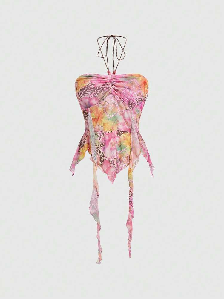 ROMWE Avant Women's Paisley Print Halter Neck Asymmetric Hem Tank Top | SHEIN