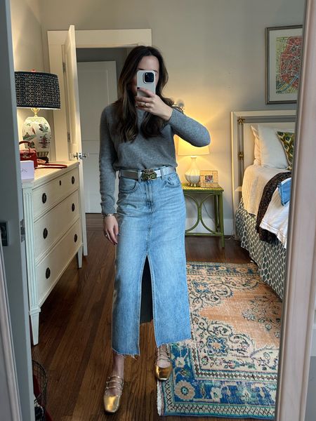 My tried and true uniform: denim skirt, under $50 cashmere sweater, and ballet flats (these are from Zara) 